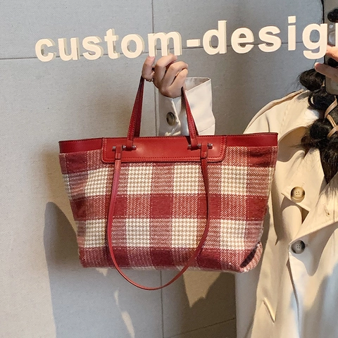 Bolso Tote de Cuadros Retro de Gran Capacidad de Tela y Cuero PU de Retazos Bolso de Hombro para Conmutar Bolso Informal para Mujer
