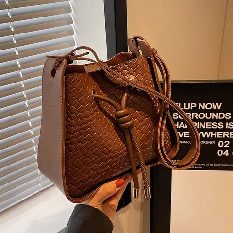 Bolso de Cubo Tejido Retro para Mujer Cuero PU con Cordón Bolso Bandolera Moda Bolso de Hombro Pequeño Color Sólido