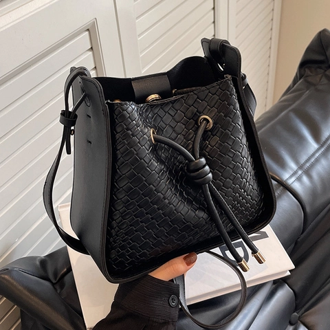 Bolso de Cubo Tejido Retro para Mujer Cuero PU con Cordón Bolso Bandolera Moda Bolso de Hombro Pequeño Color Sólido