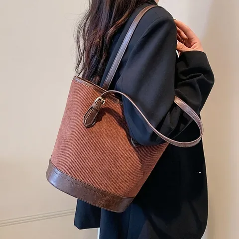 Bolso Tote Bombonera de Pana y Cuadros Vintage para Mujer Gran Capacidad Color de Contraste Bolso de Hombro Con Correa Ajustable Bolso de Otoño Invierno
