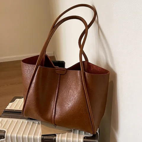 Women Large Capacity PU Leather Tote Bag Vintage Solid Color Shoulder Bag Minimalist Commuter Handbag