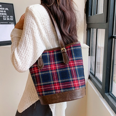 Bolso Tote Bombonera de Pana y Cuadros Vintage para Mujer Gran Capacidad Color de Contraste Bolso de Hombro Con Correa Ajustable Bolso de Otoño Invierno