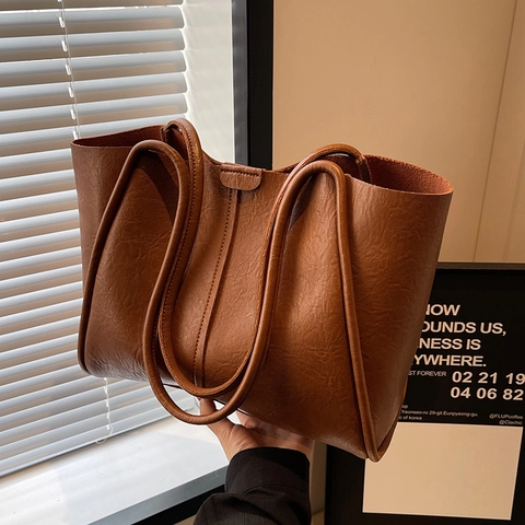 Women Large Capacity PU Leather Tote Bag Vintage Solid Color Shoulder Bag Minimalist Commuter Handbag
