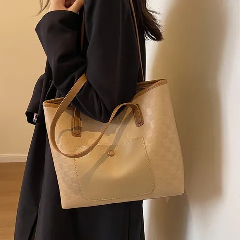 Women Large Capacity Checked Embossed PU Leather Tote Bag Retro Casual Shoulder Bag For Commuting School Office Lady Handbag