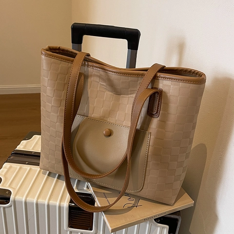 Women Large Capacity Checked Embossed PU Leather Tote Bag Retro Casual Shoulder Bag For Commuting School Office Lady Handbag