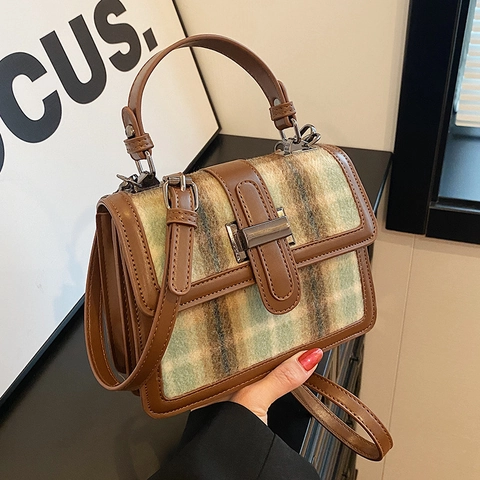 Bolso Bandolera de Piel PU de Tweed a Cuadros Vintage para Mujer Bolso de Mano Cuadrado Pequeño a la Moda Con Correa Ajustable