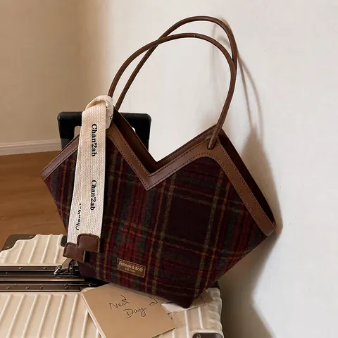 Large Capacity Plaid Woolen Tote Bag For Women Vintage V Opening Shoulder Bag With Decorative Ribbon Casual Commute Handbag