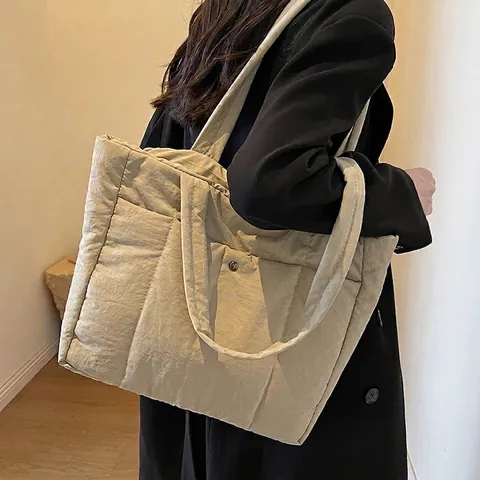 Bolso de Mano Acolchado Puffer para Mujer Gran Capacidad Bolso de Hombro de Nailon Ligero Con Bolsillo Delantero Casual