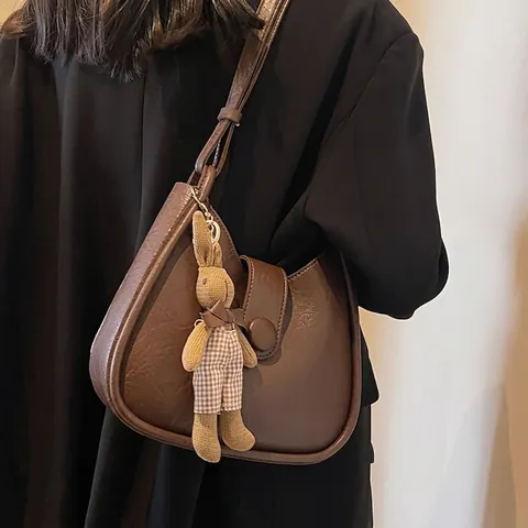 Borsa a Tracolla Hobo Donna Vintage Pelle PU Retro Tinta Unita Borsa a Secchiello Con Ciondolo a Coniglio Borsa Versatile