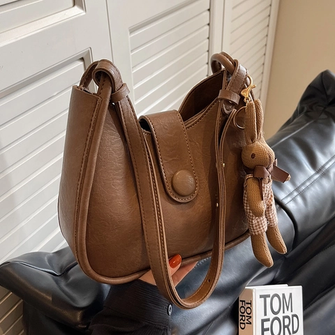 Borsa a Tracolla Hobo Donna Vintage Pelle PU Retro Tinta Unita Borsa a Secchiello Con Ciondolo a Coniglio Borsa Versatile