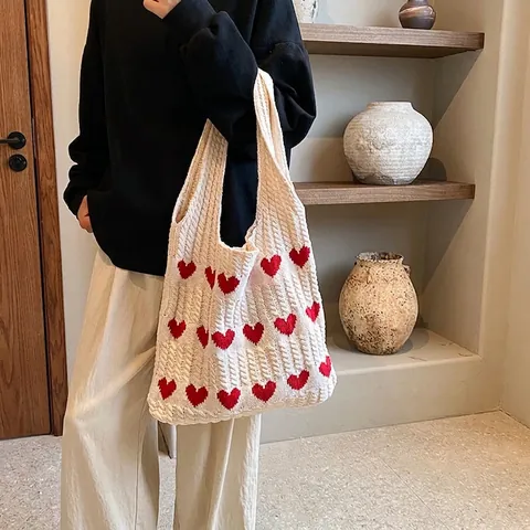 Bolso Tote de Punto para Mujer Estilo Coreano Casual con Estampado de Corazón Gran Capacidad Algodón Suave Bolso de Hombro