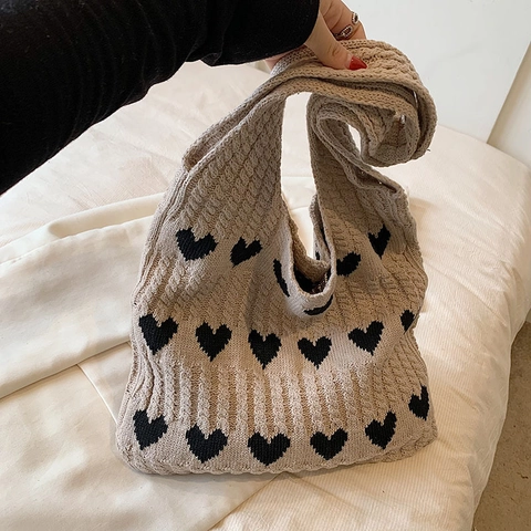 Bolso Tote de Punto para Mujer Estilo Coreano Casual con Estampado de Corazón Gran Capacidad Algodón Suave Bolso de Hombro