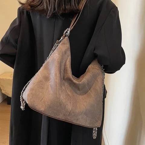 Grote Capaciteit Denim Hobo Tas Voor Vrouwen Vintage Gewassen Stof Schoudertas Met Metalen Ketting Retro Grote Tote Reizen