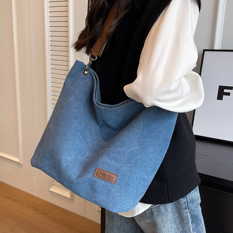 Women Large Capacity Canvas Shoulder Bag Vintage Hobo Tote Bag With Faux Leather Strap Casual Streetwear Daily Travel Handbag