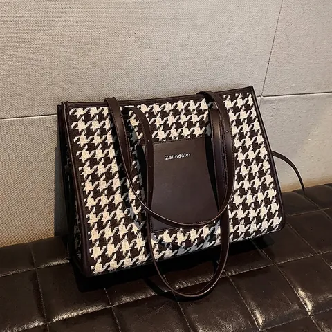 Bolso de Mano de Gran Capacidad de Pata de Gallo Cuero de PU Empalme Bolso de Hombro Vintage Versátil Diario para Mujer