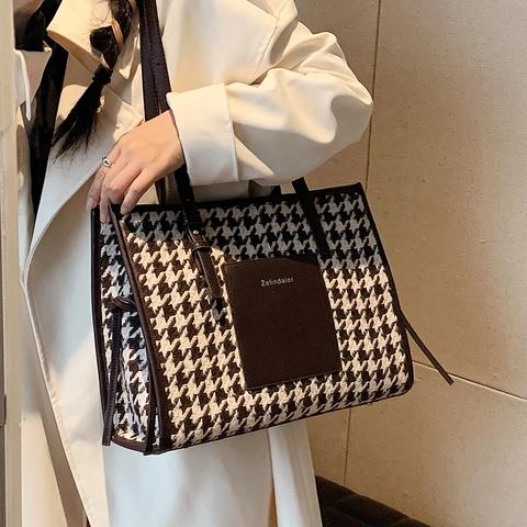 Bolso de Mano de Gran Capacidad de Pata de Gallo Cuero de PU Empalme Bolso de Hombro Vintage Versátil Diario para Mujer