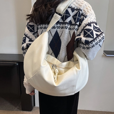 Bolso Hobo de Cuero PU Vintage Gran Capacidad Retro Bolso de Hombro Bandolera Minimalista Color Sólido para Mujer