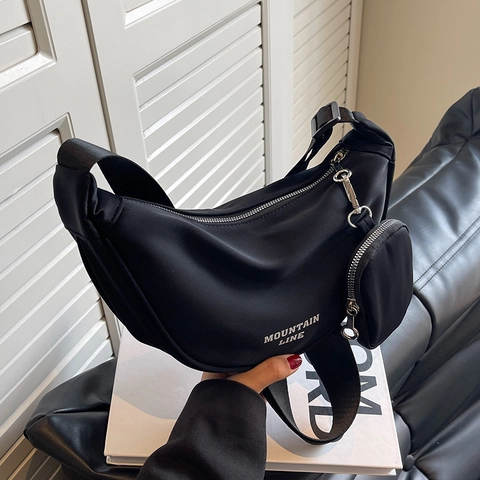 Women Nylon Half Moon Crossbody Bag Casual Hobo Bag With Detachable Coin Purse Wide Strap Letter Print Sporty Shoulder Bag