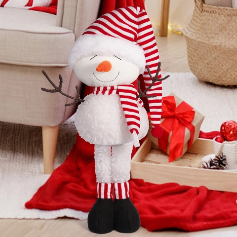 Ornement De Noël Bonhomme De Neige En Peluche Avec Jambes Rétractables Chapeau Écharpe Rayé Pour Décor Maison