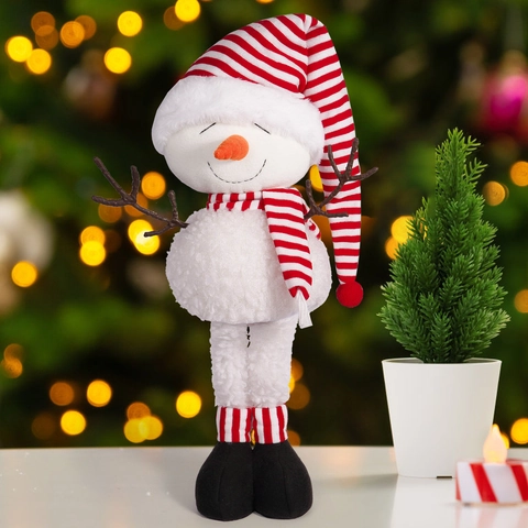 Ornement De Noël Bonhomme De Neige En Peluche Avec Jambes Rétractables Chapeau Écharpe Rayé Pour Décor Maison