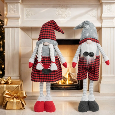 Decoración de Gnomo de Navidad Muñeca Sin Rostro de Pierna Larga Retráctil Cuadros Buffalo Rojo Negro Para Hogar