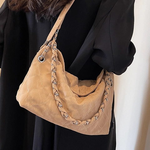 Borsa a Spalla Trapuntata da Donna Grande Capacità Borsa a Tracolla in Pelle PU Vintage Con Catena in Metallo Borsa a Rombi Versatile