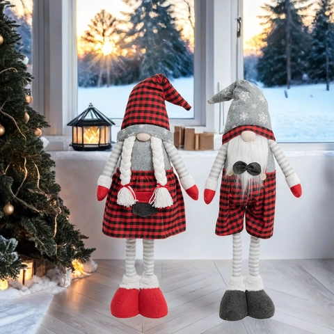 Decoración de Gnomo de Navidad Muñeca Sin Rostro de Pierna Larga Retráctil Cuadros Buffalo Rojo Negro Para Hogar