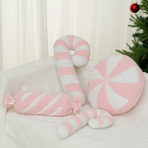 Cuscino Peluche a Forma di Caramella Rosa Bianco a Strisce Pile Sherpa Cuscino Decorativo di Natale per Regalo Casa
