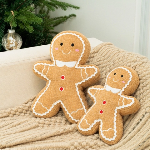 Oreiller Peluche Bonhomme de Pain d'Épice Noël Doux Décoratif Marron Polyester Coussin pour Fête Maison Cadeau de Noël
