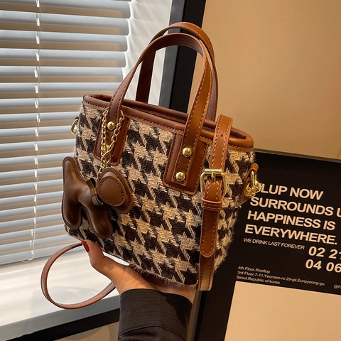 Sac Seau en Cuir PU Pied-de-poule pour Femmes Petit Sac à Bandoulière Vintage à Carreaux Avec Charme de Bandoulière Réglable