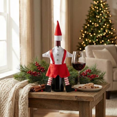 Weihnachtself Weinflaschenhülle Set Dekorativ Polyester Filz Weinbeutel Für Festival Esstisch Party Dekoration Elf Design