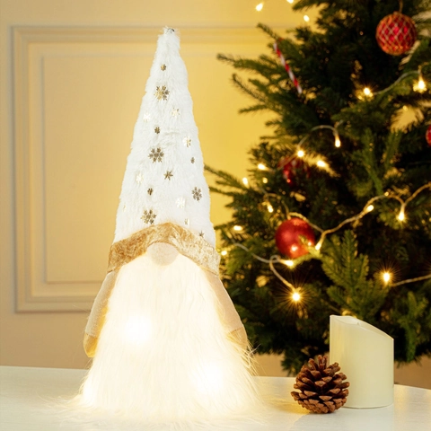 LED Christmas Gnome Tree Topper White Plush Gold Snowflake Embroidered Tomte Glowing Swedish Figurine Holiday Home Decor