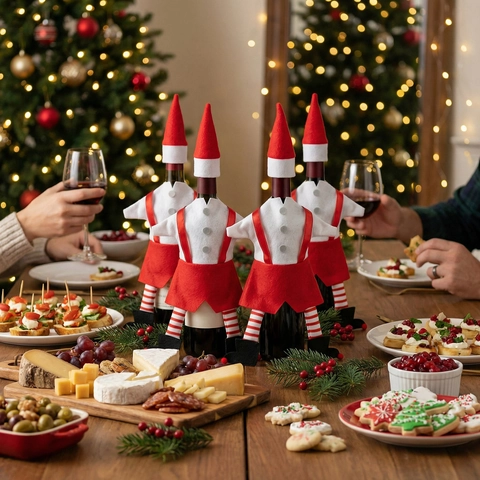 Christmas Elf Wine Bottle Cover Set Decorative Polyester Felt Wine Bag For Festival Dining Table Party Decoration Elf Design