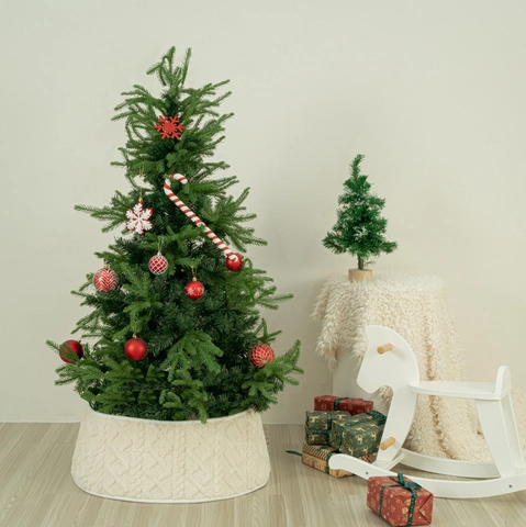 Gestrickte Christbaumständer-Verkleidung Cremeweiß Polyester Zopfmuster Weihnachtsbaumrock Dekoration Für Zuhause Feiertag Weihnachtsdeko