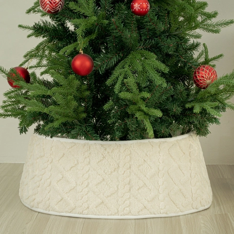 Gestrickte Christbaumständer-Verkleidung Cremeweiß Polyester Zopfmuster Weihnachtsbaumrock Dekoration Für Zuhause Feiertag Weihnachtsdeko