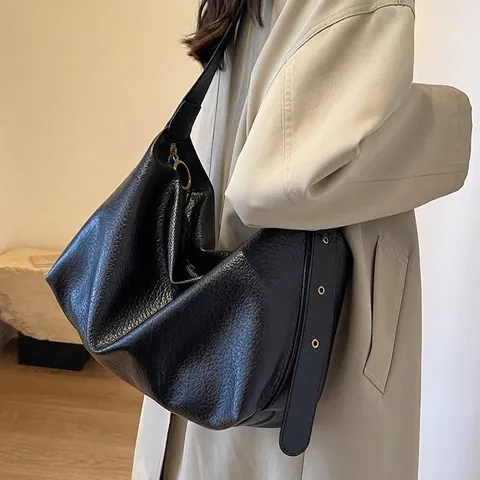 Large Capacity Women Hobo Shoulder Bag PU Pebbled Leather Minimalist Slouchy Tote Versatile Commuter Handbag Gold Hardware Zipper