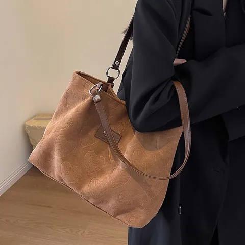 Damen Retro Herz Prägung Tote Bag Große Kapazität Nubuk Material Schultertasche Mode Pendeln Handtasche Für Herbst Winter