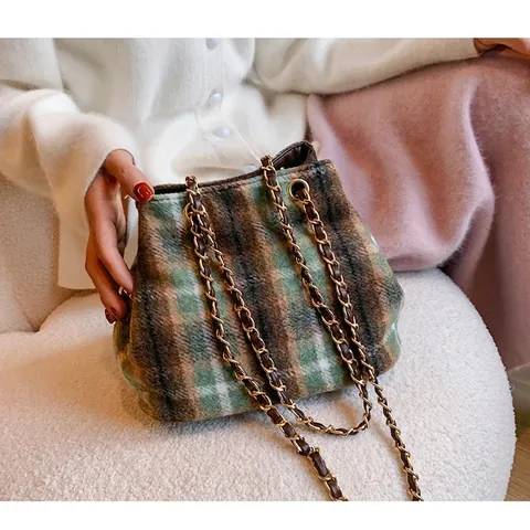 Damen Vintage Karo Wollstoff Beuteltasche Retro Schottenkaro Umhängetasche Mit Goldener Kette Elegante Herbsttasche