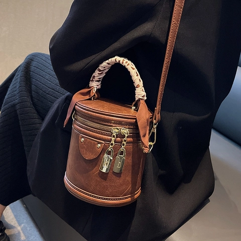 Vintage PU Leather Cylinder Bucket Bag With Silk Scarf Handle Padlock Charm Gold Hardware Crossbody Shoulder Handbag For Women