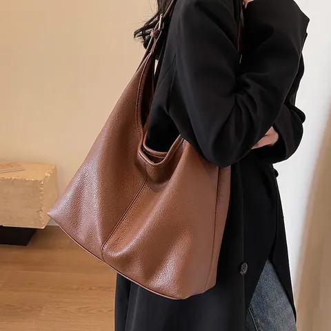 Large Capacity Litchi Pattern PU Leather Shoulder Bag For Women Vintage Hobo Tote Bag Commute Crossbody Bucket Bag