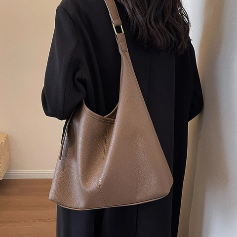 Large Capacity Litchi Pattern PU Leather Shoulder Bag For Women Vintage Hobo Tote Bag Commute Crossbody Bucket Bag