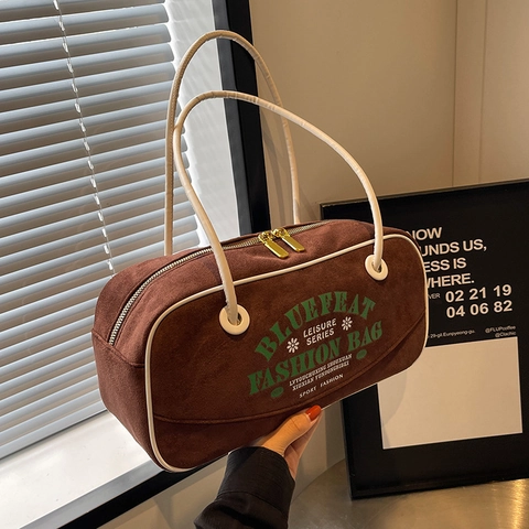 Borsa Boston in Pelle PU Opaca Retro Grande Capacità Donna Borsa a Tracolla Con Stampa di Lettere Piping a Contrasto Stile Casual