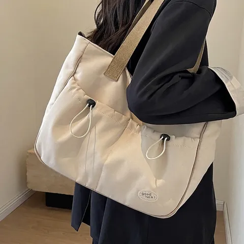 Grand Sac Fourre-Tout en Toile Pour Femmes Style Japonais Multi-Poches à Cordon Sac à Bandoulière Pour Navette École