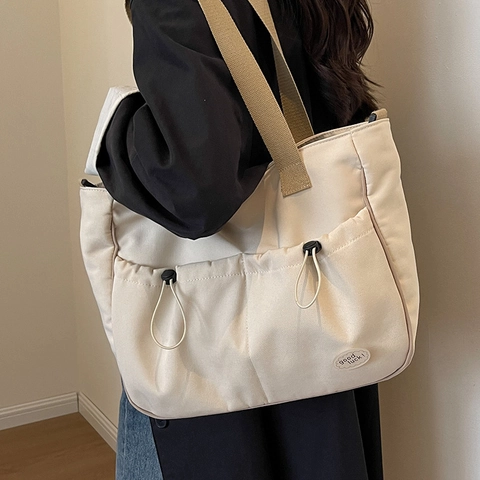 Grand Sac Fourre-Tout en Toile Pour Femmes Style Japonais Multi-Poches à Cordon Sac à Bandoulière Pour Navette École