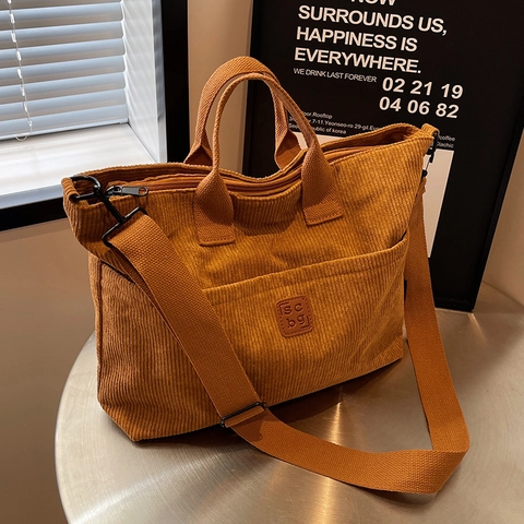 Große Kapazität Cord Einkaufstasche Für Damen Gerippte Umhängetasche Mit Verstellbarem Gurt Leder Patch Lässige Tägliche Crossbody Tasche