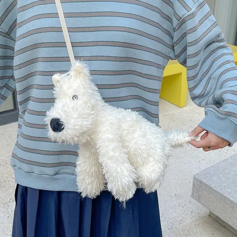 Bolso Bandolera de Peluche Blanco con Forma de Perro para Mujer Gran Capacidad Piel Sintética Animales Cachorro Bolso de Hombro Moda