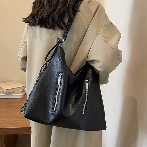 Damen Große Kapazität PU-Leder Umhängetasche Retro Doppelreißverschluss Kettengurt Hobo Rucksack Lässig Reise Tote Handtasche