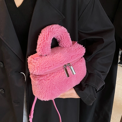 Sac à Bandoulière en Fausse Fourrure pour Femmes Sac à Main en Peluche Doux Petit Sac Seau Avec Double Fermeture Éclair Mode