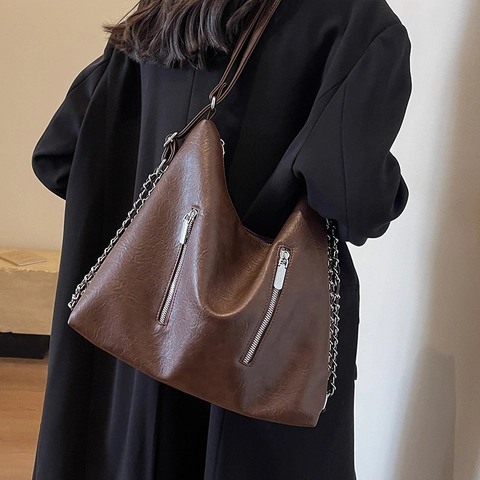 Damen Große Kapazität PU-Leder Umhängetasche Retro Doppelreißverschluss Kettengurt Hobo Rucksack Lässig Reise Tote Handtasche