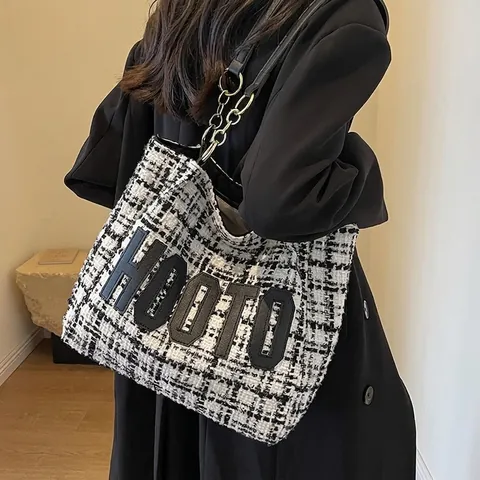 Bolso Tote de Tweed Vintage para Mujer de Gran Capacidad Bolso de Hombro Con Correa de Cadena Decoración de Letras Moda